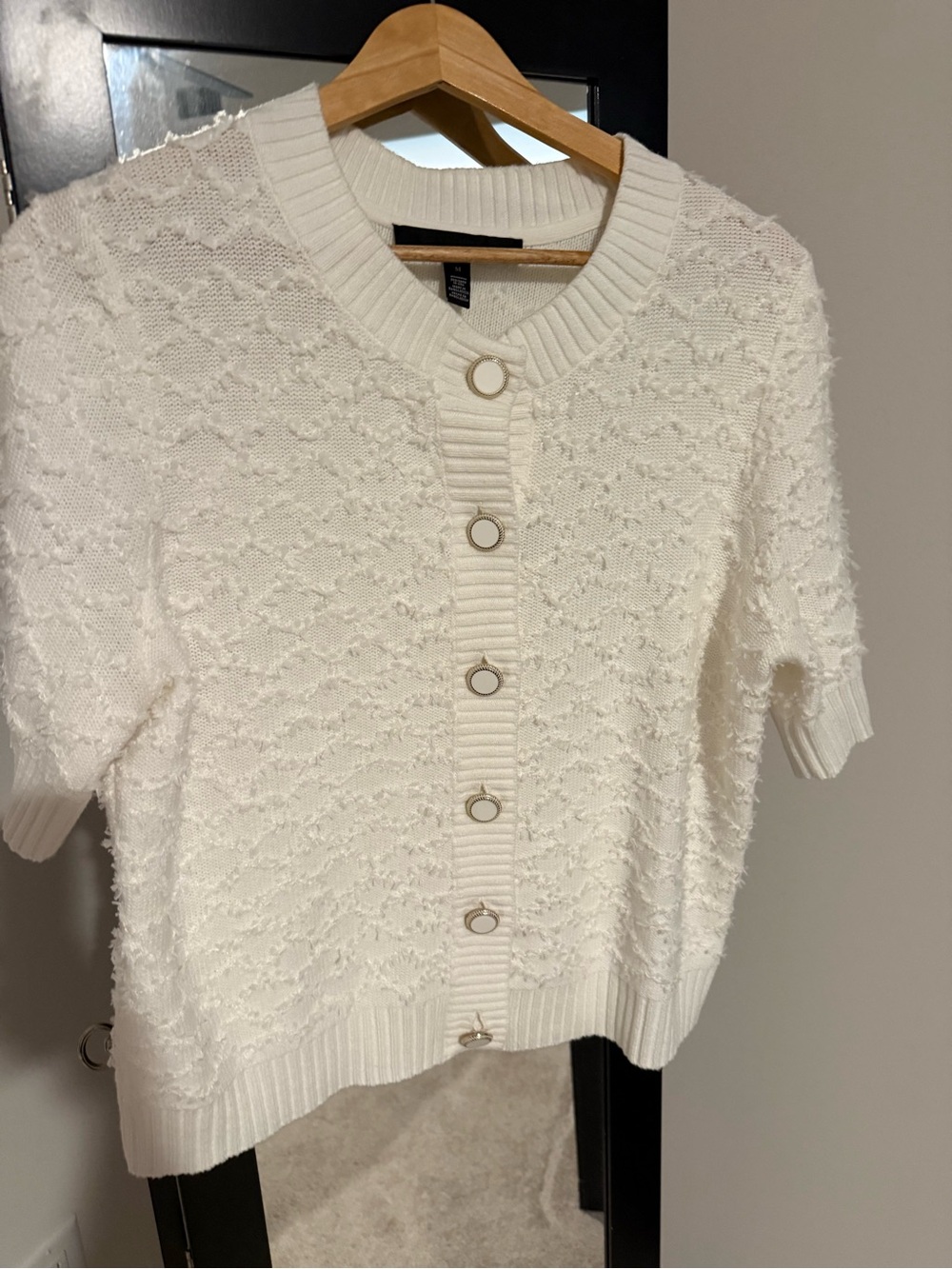 White House Black Market Cream Textured Short-Sleeve Button Cardigan
